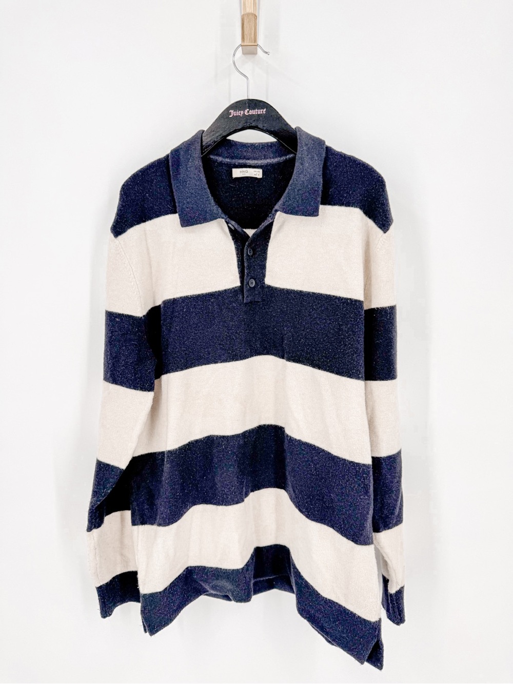Mango Black and Cream Striped V-Neck Polo Sweater